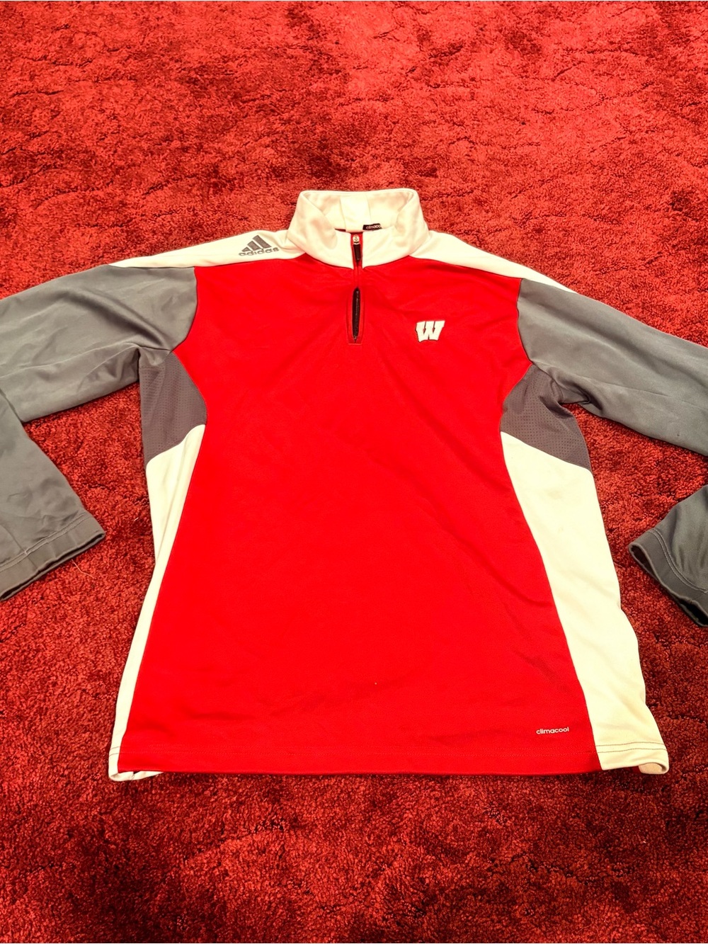 adidas Red White Gray Quarter-Zip Pullover - W Logo